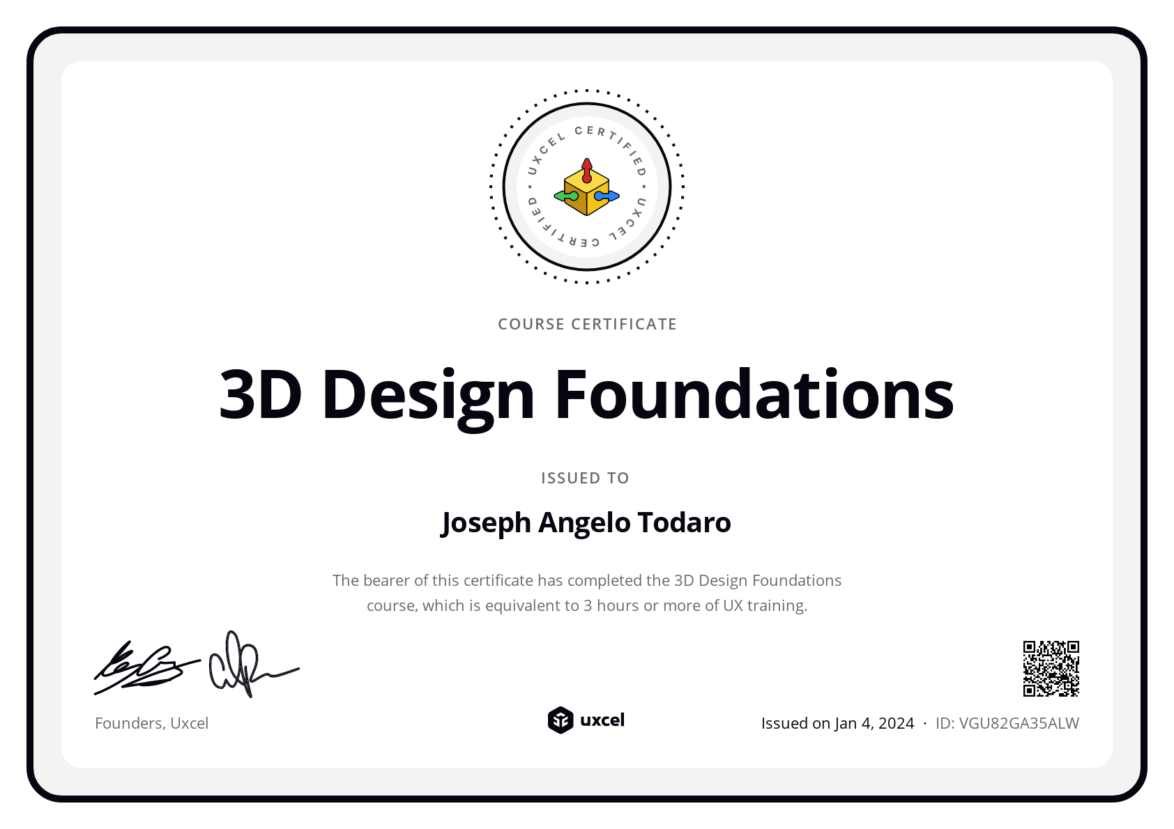 Joseph Angelo Todaro's certificate